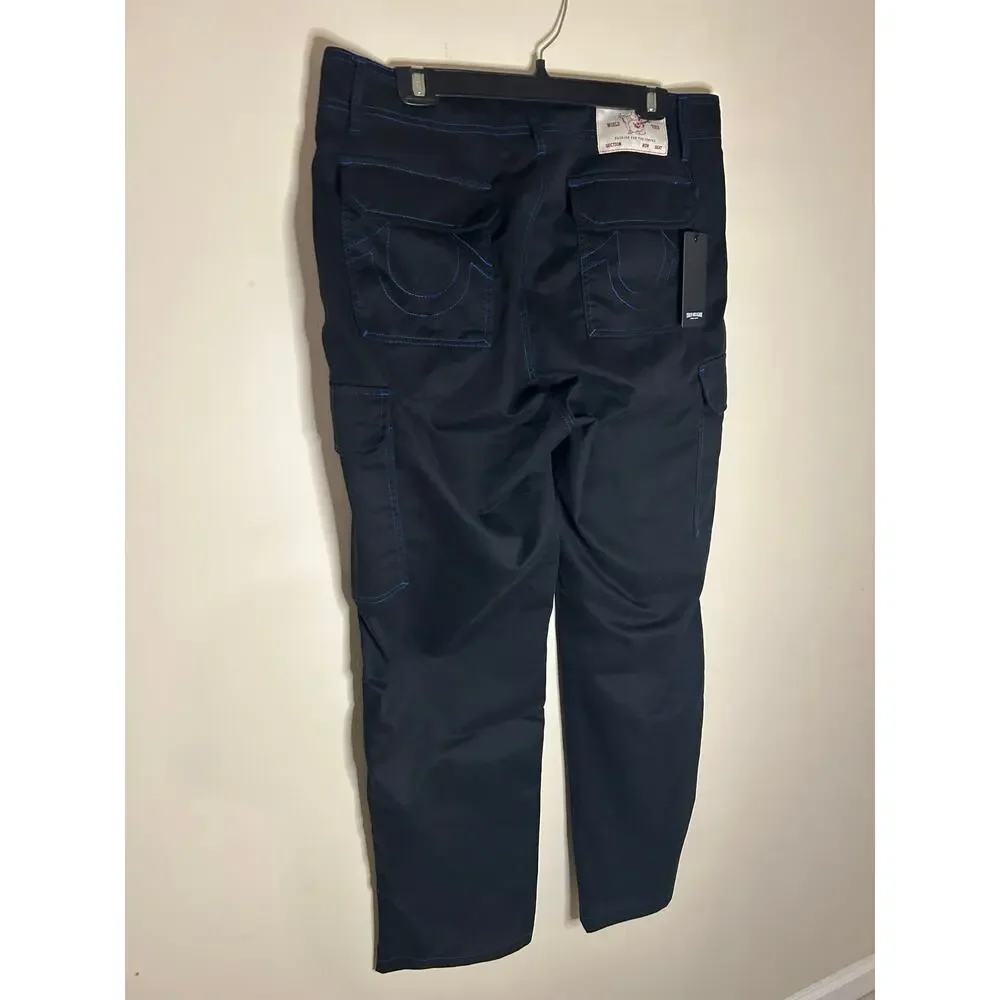 True Religion Baggy Cargo Pants Jet Black Pacific Blue Contrast Stitch 34 NWT